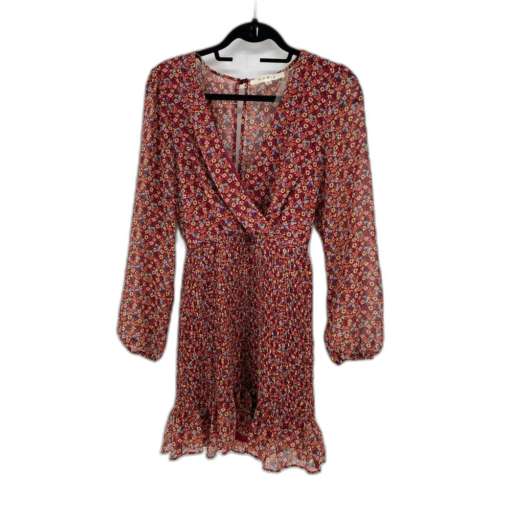 Rowa Red Floral Long Sleeve Smocked Detail Women Chiffon Mini Dress Size M